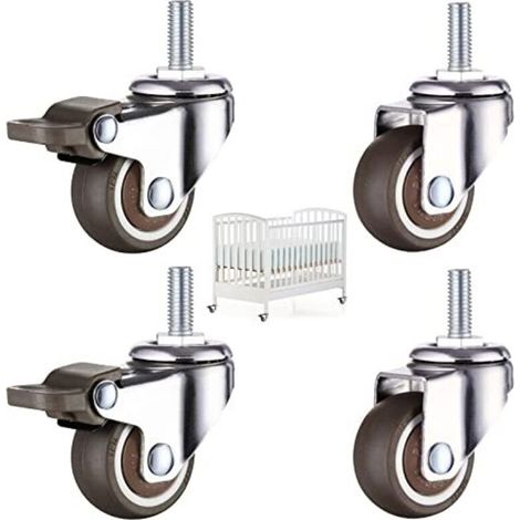 4 Stück Möbelrollen, Bürostuhlrollen Mit M8 X 15 Mm Gewinde, 2 Mit Bremse + 2 Ohne Bremse, 360° Drehbar, Tragfähigkeit 40 Kg, Gummimöbelrollen