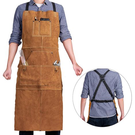 Leder-schweißschürze Mit 6 Werkzeugtaschen, Hitze- Und Flammbeständige Schürze, 24" X 42", Verstellbar Von M Bis Xxxl