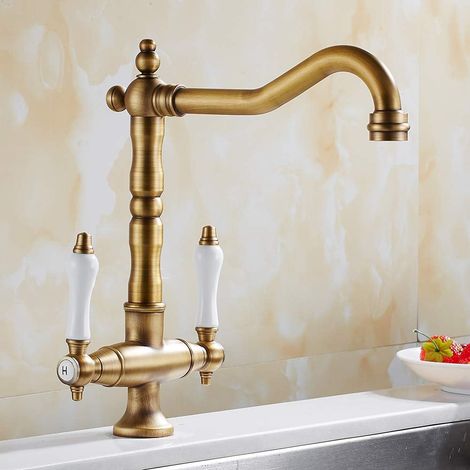 Traditioneller Mischbatterie-wasserhahn Für Küchenspüle Aus Massivem Messing Mit Doppelgriff, Antikbronze