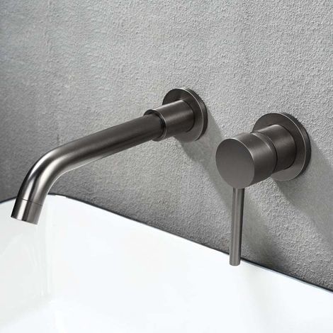 Wandwaschbeckenarmatur, Hochwertige Messing-wandmischbatterie, Eingebaute Badezimmerarmatur, Kalt- Und Warmwasserhahn Mit 360°-drehung, Dunkelgrau