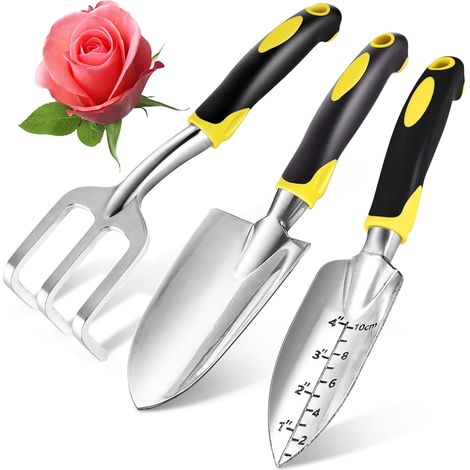 3-teiliges Gartenwerkzeug-set Aus Aluminium: Kralle, Große Pflanzkelle Und Graduierte Kante - Zum Pflanzen Und Unkrautjäten - Ergonomischer, Rutschfester Griff In Leuchtendem Gelb