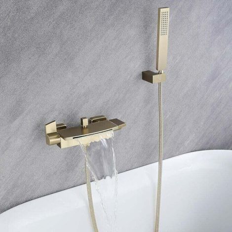 Wandmontierter Wasserfall-badewannenmischer, Badewannenhahn Mit Wand-wasserfall-duschkopf, Warm- Und Kaltwasser-badewannenarmatur (gebürstetes Gold)