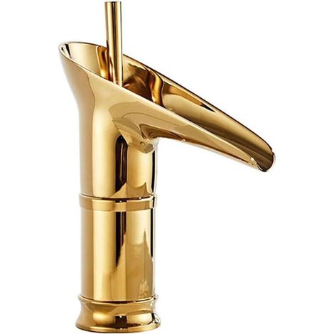 Einhebel-waschtischarmatur Mit Kaskadenauslauf, Aufsatzmontage, Einlochige Waschtischmischer Für Warm- Und Kaltwasser (gold, Kurz)