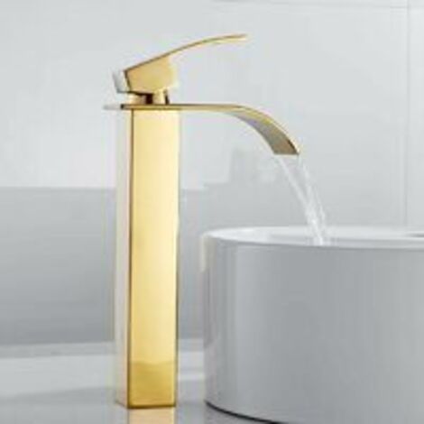 Hochbau-waschbecken-wasserhahn Mit Kaskadenauslauf Für Aufsatzwaschbecken, Moderner Quadratischer Chrom-einlochmischer Für Kaltes Und Warmes Wasser