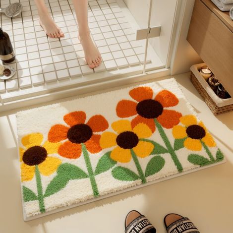 Badematte Mit Gelben Blumen, Frühlingshaftes Design, Super Saugfähig, Rutschfest, 40x60 Cm, Weich Und Kuschelig, Maschinenwaschbar, Wohnaccessoire