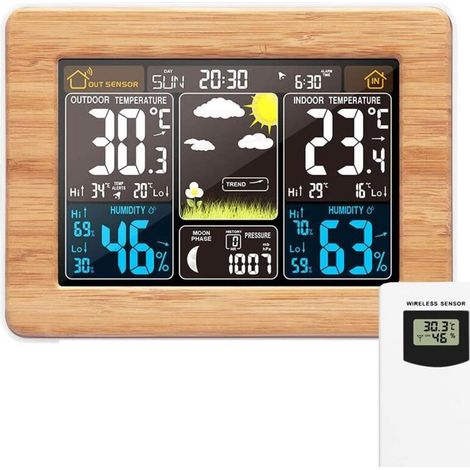 Kabellose Wetterstation, Farbiges Digitales Wetteruhr Mit Außensensor, Innen- Und Außenthermometer Mit Datum, Temperatur, Luftfeuchtigkeit, Barometer, Alarm Und Mondphase, Gelbe Wetteruhr