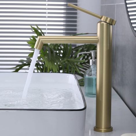 Hoher Waschtischhahn, Gebürstet Goldener Einhebelmischer Für Waschbecken, Einstellbar Für Warmes Und Kaltes Wasser, Gebürstetes Gold, M4ok-t
