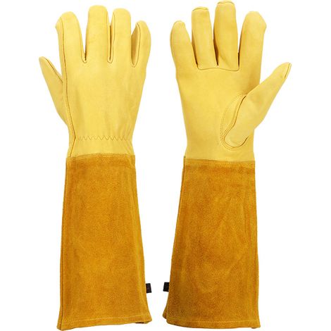 Gartenhandschuhe Gauntlet Für Damen Und Herren, Atmungsaktive Rosenschneide-handschuhe Mit Dornenfestem Stulpen, Langlebige Rindsleder-handschuhe Mit Langen Ärmeln (l, Gelb)