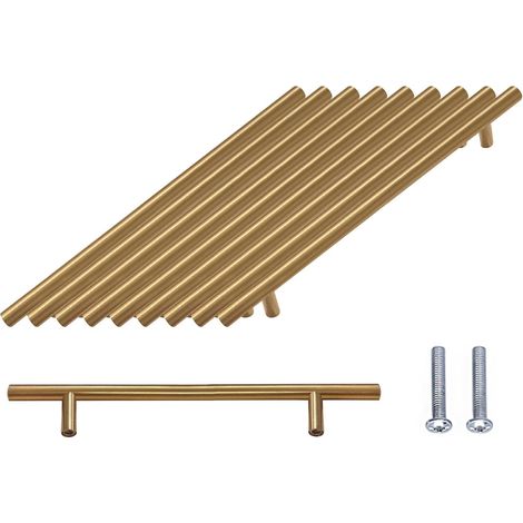 10 Stück T-stangen-griff, Set Gebürstete Schrankgriffe Aus Edelstahl Für Küchenschränke, Zuggriff Mit Lochabstand 192 Mm, Gold