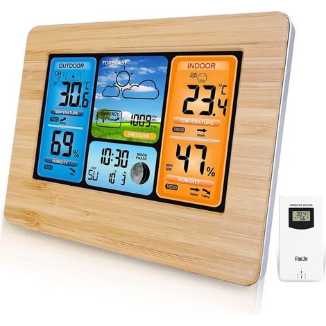 Drahtlose Wetterstation, Digitale Wetterstation Mit Thermometer, Alarm Und Luftfeuchtigkeitsmesser, Barometer, Wetteruhr Mit Mondphasenanzeige Und Außensensor (gelb)