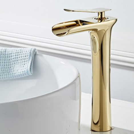 Waschbeckenarmatur Für Badezimmer, Kaskaden-design In Gold, Aus Massivem Messing, Mischbatterie Für Warm- Und Kaltwasser, Einhebelige Kaskaden-waschbeckenarmatur Für Badezimmer, Hoch (größe: Hoch)