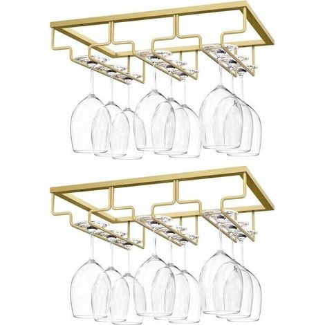 Hängender Weinglashalter, [2 Stück] Weinhalter Mit 3 Schienen Für Unter Dem Regal, Schranksystem Aus Chrom, Küchenstange - Gold