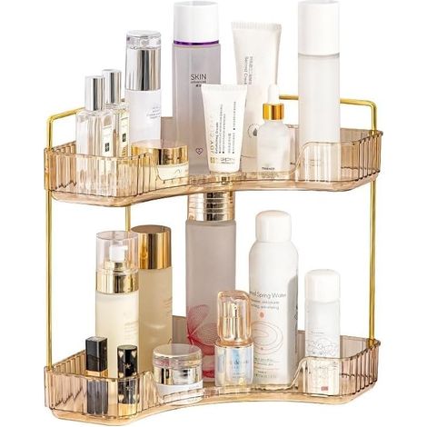 Eckregal Für Badezimmer, Ablagefläche Für Badezimmer, Hautpflege, Make-up, Kosmetikregal, Toilettenartikel, Lotionen, Parfums (2 Ebenen, Bernstein)