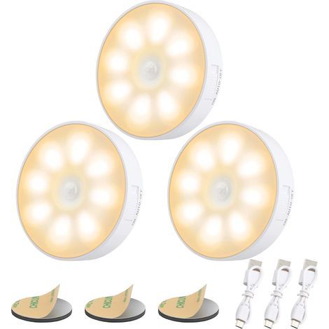 Automatisch Wiederaufladbare Usb-led-nachtlampe [3er-pack], Induktions-nachtlampe 3000k & 8 Leds & 400mah Akku, Bewegungsmelder-nachtlampe, Klebende Led-lampe Mit Magnetbasis – Warmgelb