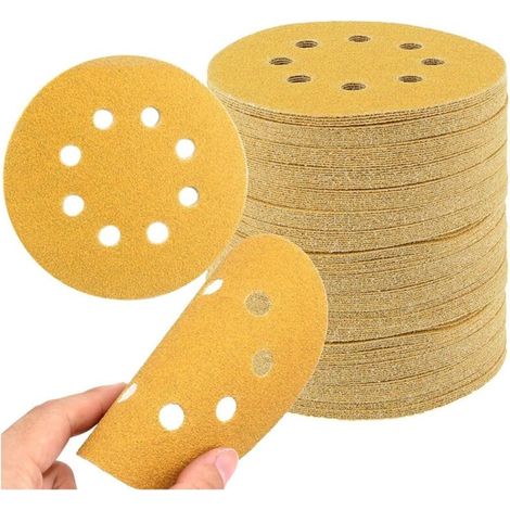 Set Aus 50 Schleifscheiben, 125 Mm, 5 Runde Sandscheiben Mit 8 Löchern, 12,7 Cm (gelber Sand)