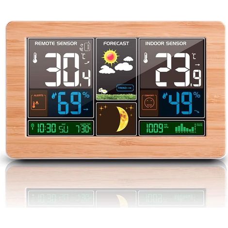 Wetterstation Thermometer Hygrometer Barometer Innen Außen Mit Sensor Led-display, Hintergrundbeleuchtung Digitale Uhr Anzeige Zeit Datum Tag Mondphase (gelb)