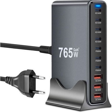 Gan Iii Usb-c-ladegerät 765 W Mit 10 Anschlüssen, Schnelles Usb-gan-iii-ladegerät Mit 7 Usb-c- Und 3 Usb-a-anschlüssen, Pd140w, 100w, 65w, 30w Ladestation Für Macbook Pro/air, Iphone, Ipad