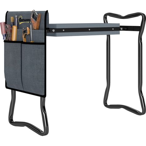 Klappbarer Gartenhocker Mit Dickem Gepolstertem Kissen Und 4 Abnehmbaren Werkzeugtaschen, Tragfähigkeit 150 Kg, 58x28x49 Cm, Grau