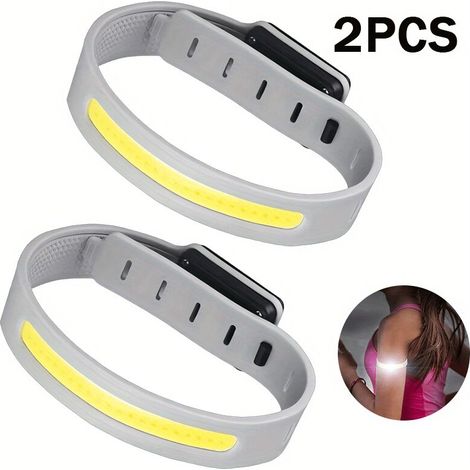 2er-set Ultra-leichte Cob-armlampen – Wiederaufladbares Usb-c Sicherheitsarmband, 3 Modi, Ein-knopf-bedienung, Komfortables Armband Für Laufen, Wandern, Radfahren Und Jogging – Grau