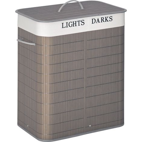 Wäschekorb 100 L Mit 3 Griffen, Mit Waschbarem Wäschesack, Bambus, Polyester, Baumwolle, Metall, 52 X 32 X 63 Cm, Grau