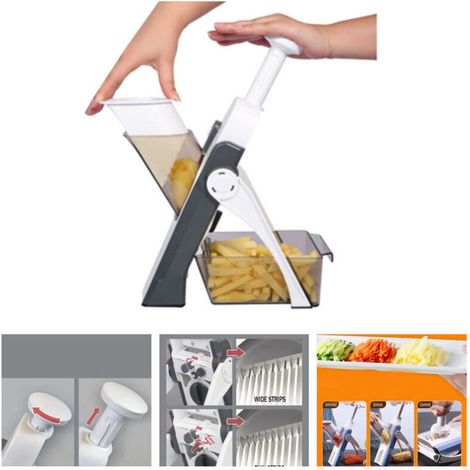 Küchenmandoline Sicherheits-slicer Manumultifunktion Alles-in-einem Gemüseschneider, Klinge Aus Edelstahl, Julienne, Würfel, Pommes-frites- Und Karottenschneider - Grau