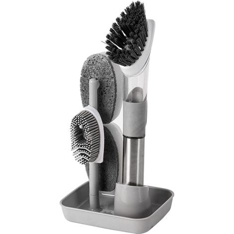 Spülbürste Mit Behälter, Spülbürste Mit Seifenspender Und Halterung, 4-in-1 Schwammbürsten Und Küchenborsten Zum Abwaschen Und Reinigen (grau)