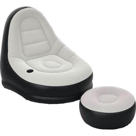 Aufblasbares Sofa Und Fußhocker. Plüschähnlicher, Weicher Stoff Und Getränkehalter. Grau