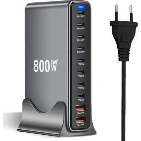 Schnellladegerät Usb-c 10 Ports 800w Mit Gan Iii Chip Und Pd 3.1, 8 Usb-c Ports Und 2 Usb-a Ports, 140w Netzteil Für Macbook, Iphone, Ipad, Samsung