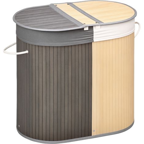 Bambus-wäschekorb 100l Mit 2 Fächern, Deckel Und Herausnehmbarem Beutel 62,5 X 37 X 60,5 Cm - Grau