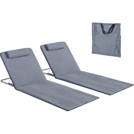 2er-set Gepolsterte Strandmatten – 2er-set Strandliegematten – Strandteppiche – Verstellbare Rückenlehne Mit Mehreren Positionen – Inklusive Tragetasche – Metall, Polyester, Pe, Grau