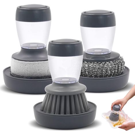 Set Von 3 Spülbürsten Mit Flüssigkeitsbehälter, Abnehmbare Spülbürste Für Küchenutensilien, Schüsseln, Töpfe Und Herdplatten