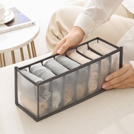 Graue Aufbewahrungsbox Für Unterwäsche, Mit 7 Fächern Und Einem Faltbaren Schubladentrenner, Ideal Für Zuhause, Den Kleiderschrank Und Reisen.