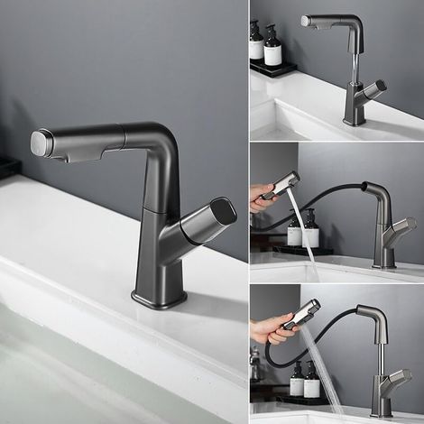 Ausziehbarer Waschbeckenmischer, Drehbarer Warm- Und Kaltwasserhahn Für Waschbecken, Grau