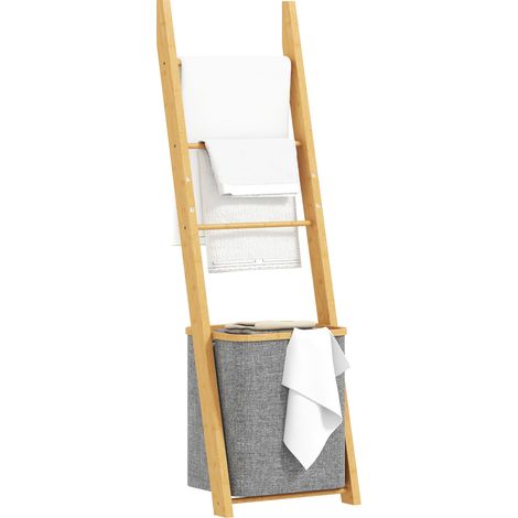Bambus-handtuchhalter Mit Wäschekorb, Handtuchleiter Mit 1 Wäschekorb, 43 X 35 X 133 Cm, Grau