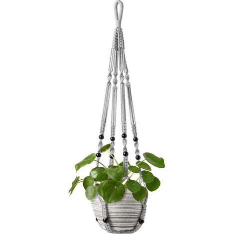 Ein Aufgehängter Pflanzkorb Für Zimmerpflanzen Aus Grauer Baumwollseil, 98 Cm Lang, Mit Holzperlen, Aber Ohne Haken.