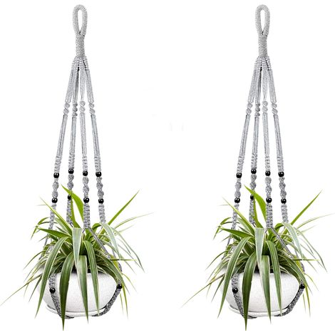 Zwei Hängende Pflanzkörbe Für Zimmerpflanzen, Aus Grauer Baumwollseil, 98 Cm Lang, Mit Holzperlen Verziert. Haken Nicht Enthalten.