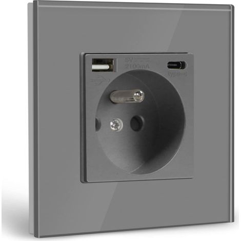 Steckdose Mit Usb Und Typ-c-anschluss, 16a Wechselstrom-steckdose Mit Glaspaneel, Wandsteckdose Max. 2,1a, Geeignet Für Smartphone Und Tablet (1 Steckdose Mit Usb Und Typ-c, Grau)