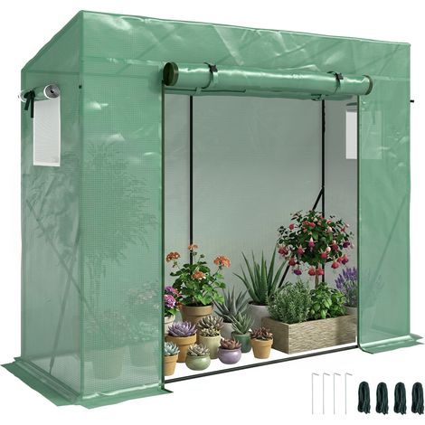 Gewächshaus Mit Uv-schutz, 2 Fenster Mit Moskitonetzen + Verstärkungsstangen, 200l X 77b X 169h Cm, Stahl Pe Grün
