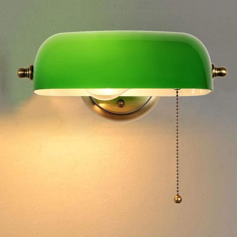 Wandleuchte Aus Grünem Glas Mit Zugkettenschalter, Kinder-nachttischlampe, E27-wandlampe, Sockel Aus Bronze-metall, Für Schlafzimmer Und Küche, Schwenkbare Wandleuchte