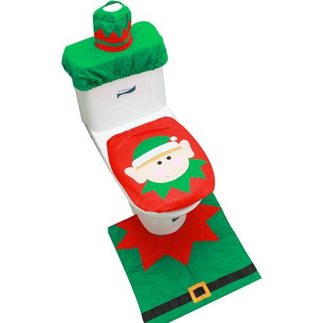 Weihnachtliche Dekoration, Toiletten-sitzbezug Und Badematten-set – Schneemann, Weihnachtsmann, Elch, Elfen-stil