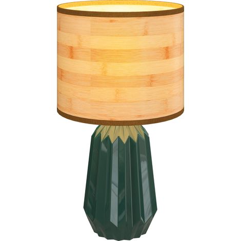 Retro-tischlampe Mit Keramikfuß Und Leinenschirm Für Schlafzimmer, 40 W, Grün Und Naturholzfarben