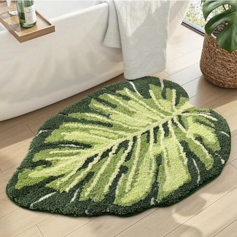 Rutschfester Badteppich 60 X 80 Cm, Saugfähiger Und Waschbarer Duschvorleger Mit Monstera-muster Für Badewanne, Schlafzimmer, Kinder, Grün