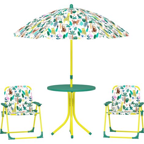 Ensemble Für Kinder Im Außenbereich Mit 2 Klappbaren Stühlen Und Sonnenschirm, Dschungel-thema, Für Garten Und Terrasse, Grün
