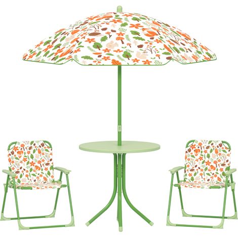 Ensemble Aus 4-teiligem Gartenmöbel-set Für Kinder Im Freien, Mit Elefanten- Und Giraffenmotiv, Verstellbarer Sonnenschirm Ø 100 Cm, Klappbarer Stuhl