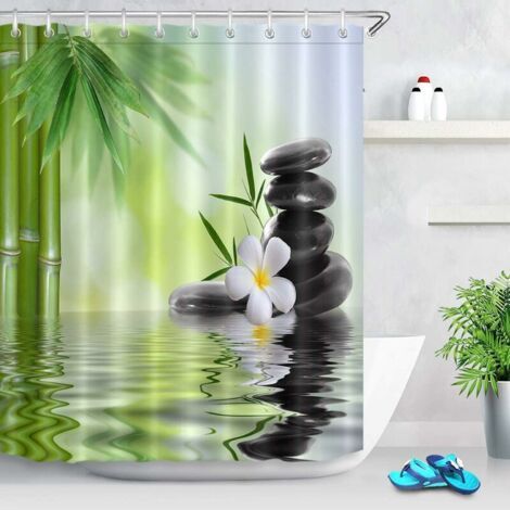 Spa-duschvorhang Mit Haken, 180 X 200 Cm, Schwarze Steine, Orchideen, Bambus, Wasserdichter, Schimmelresistenter, Waschbarer Polyester-stoff-badezimmervorhang