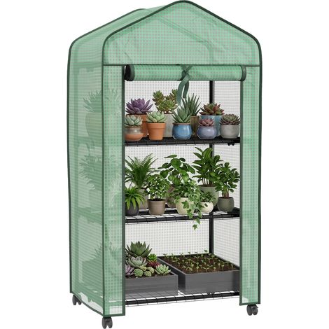 Mini-gewächshaus Für Den Garten Mit Pe-plane, 3 Regalen Und Rollen, 69 X 49 X 130 Cm, Grün