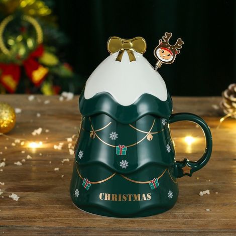 Weihnachtliche Kaffeetasse Mit Deckel, Hübsche Keramiktassen Für Weihnachten Für Eltern, Kinder, Liebste Und Freunde, Grün