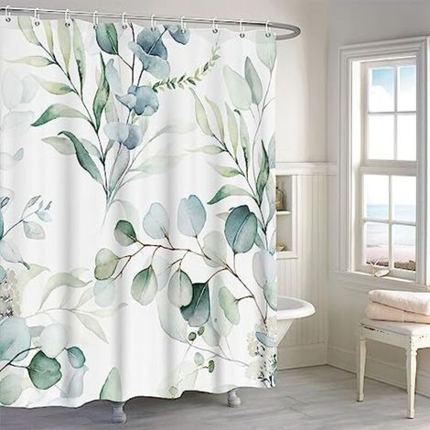 Duschvorhang Grünes Blatt, Duschvorhang Pflanzen Set Mit 12 Haken, Badezimmer Vorhänge Aus Strapazierfähigem, Maschinenwaschbarem Stoff, 180x180cm