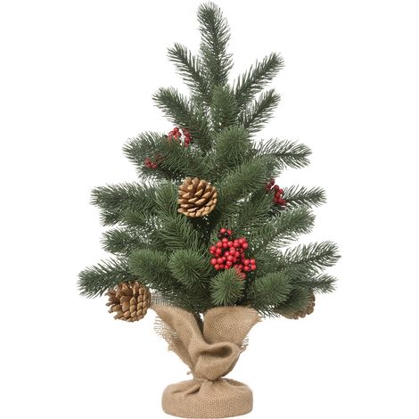 Dekorativer Mini-weihnachtsbaum Mit Ornamenten, Roten Beeren, 50 Cm Hoch, Inklusive Zementsockel, Grün Und Mehrfarbig