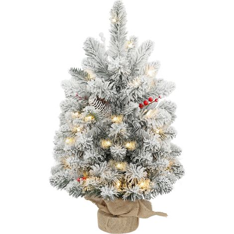 Künstlicher Mini-weihnachtsbaum, 60 Cm, Mit 35 Led-lichtern, 72 Dichten, Schneebedeckten Ästen Und Einem Sockel Aus Grünem Jutestoff